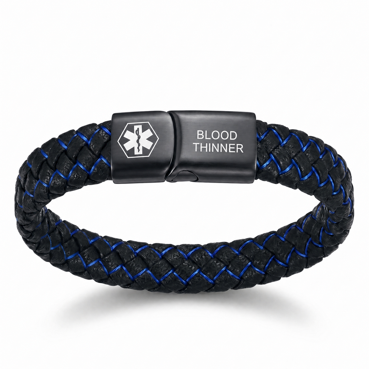 Bracelet anticoagulant tressé noir et bleu, plaque gravée Blood Thinner et symbole médical