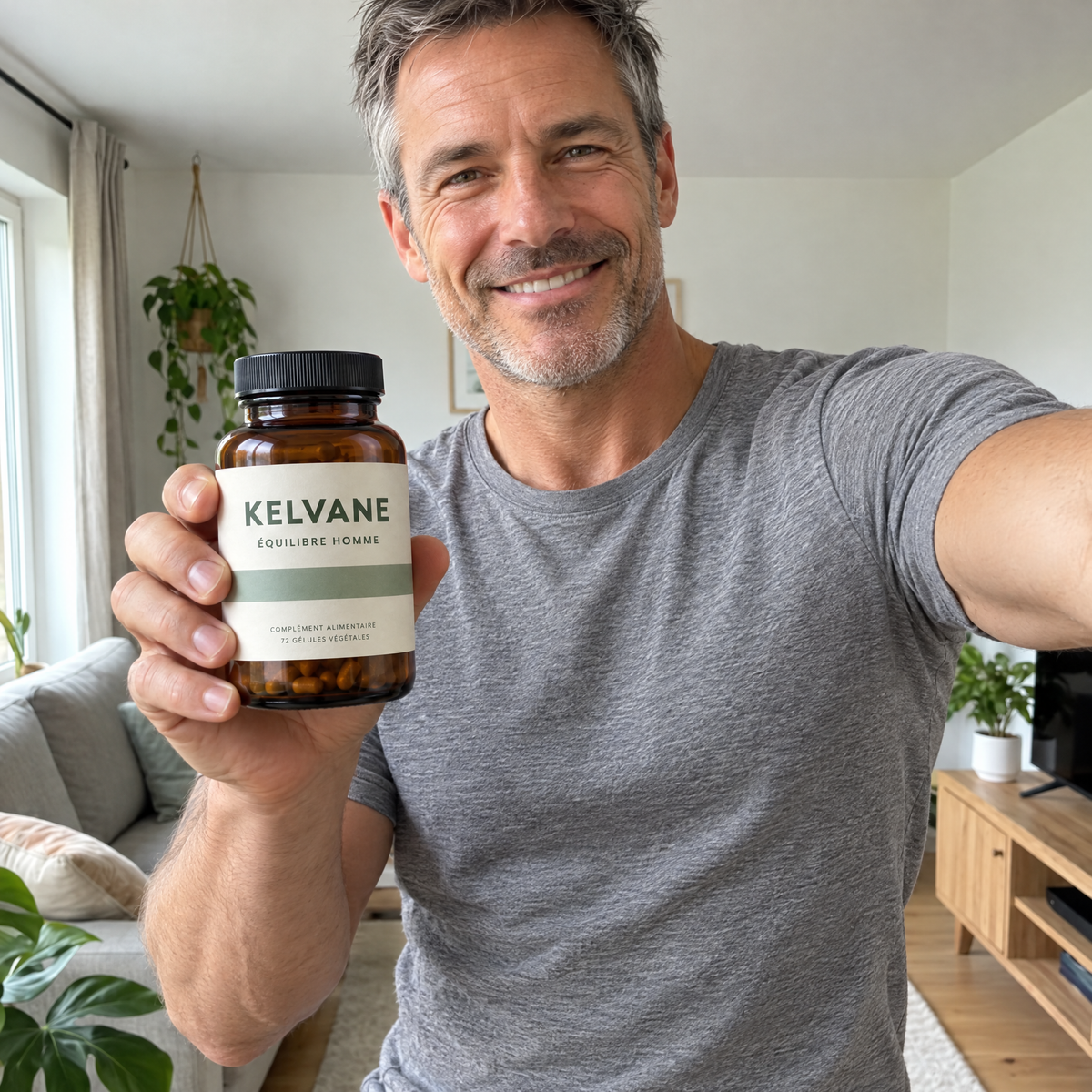 Homme souriant avec son flacon Équilibre Homme