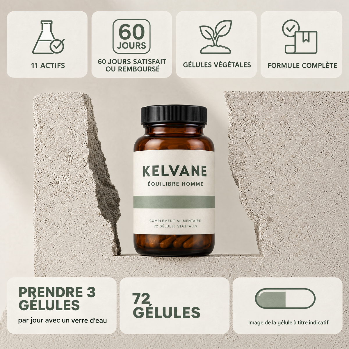 Prendre 3 gélules par jour, 72 gélules par flacon