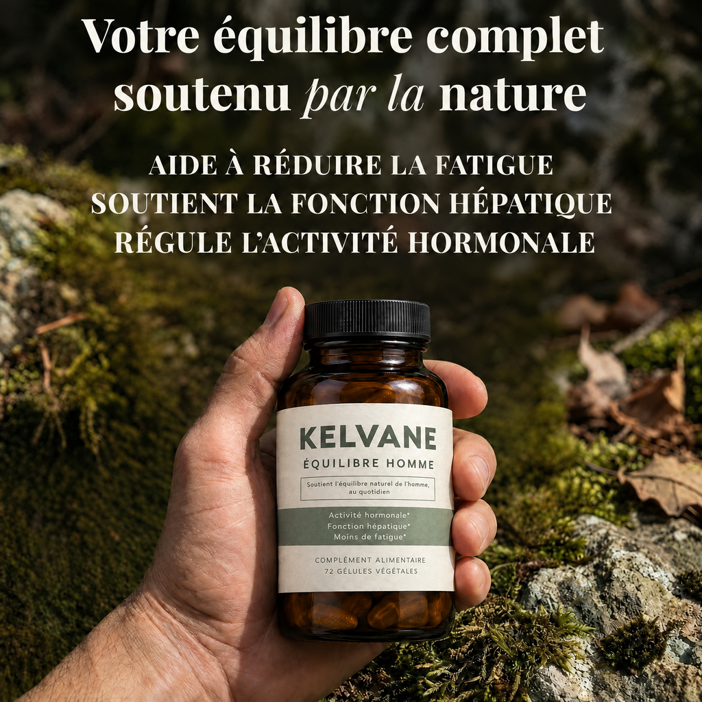 Flacon Équilibre Homme tenu en main dans la nature