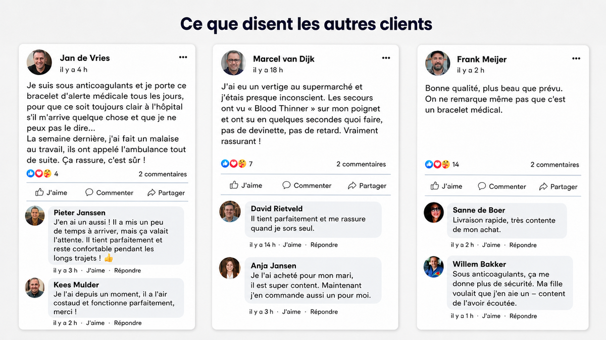 Ce que disent les autres clients : trois publications de clients qui portent le bracelet anticoagulant