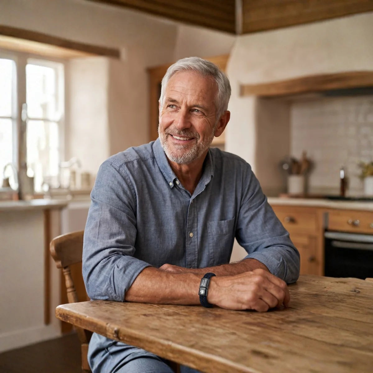Homme souriant assis à sa table de cuisine, bracelet anticoagulant au poignet